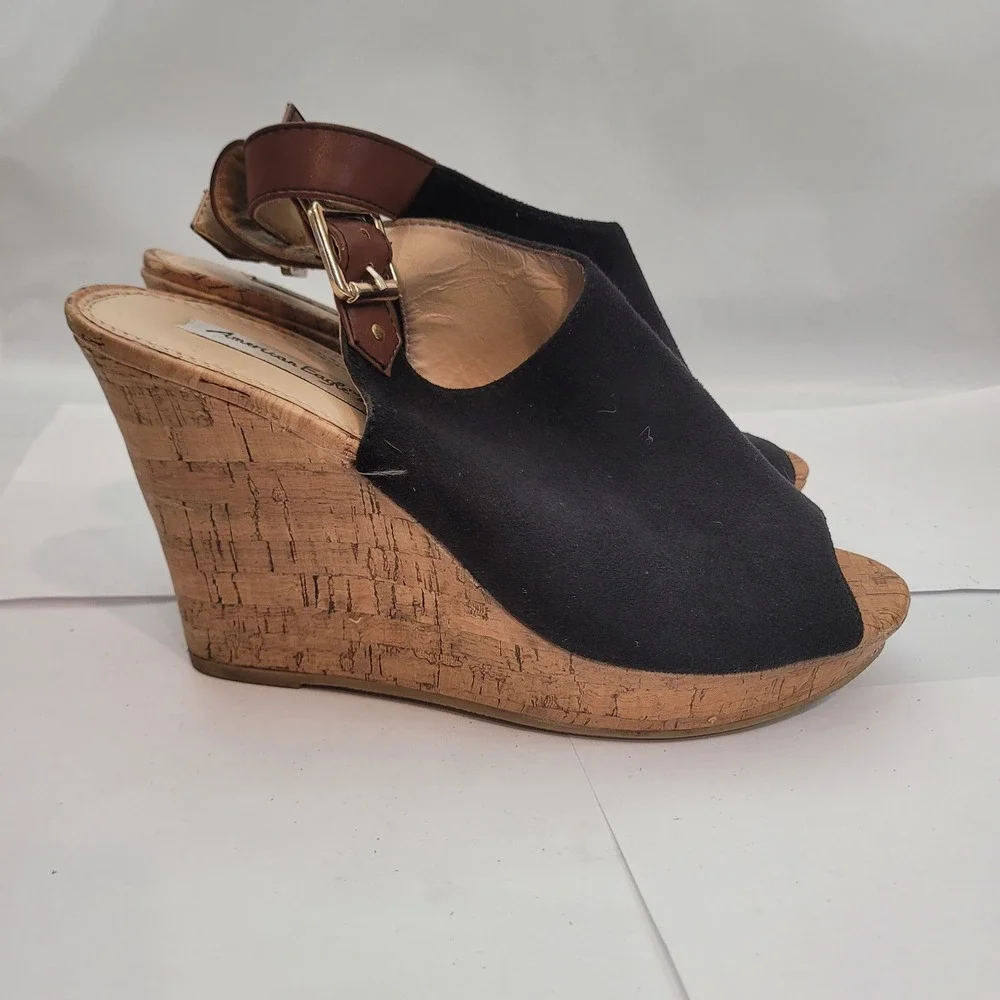 American Eagle Wedge Sandals Womens 8.5 Black Cork Platform Slingback Shoes